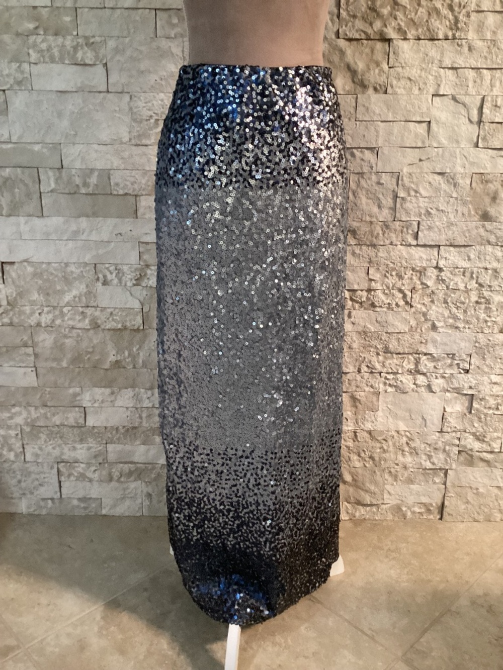 Heidi Daus Silver & Black Ombré Matte Sequin Full Length Maxi Skirt